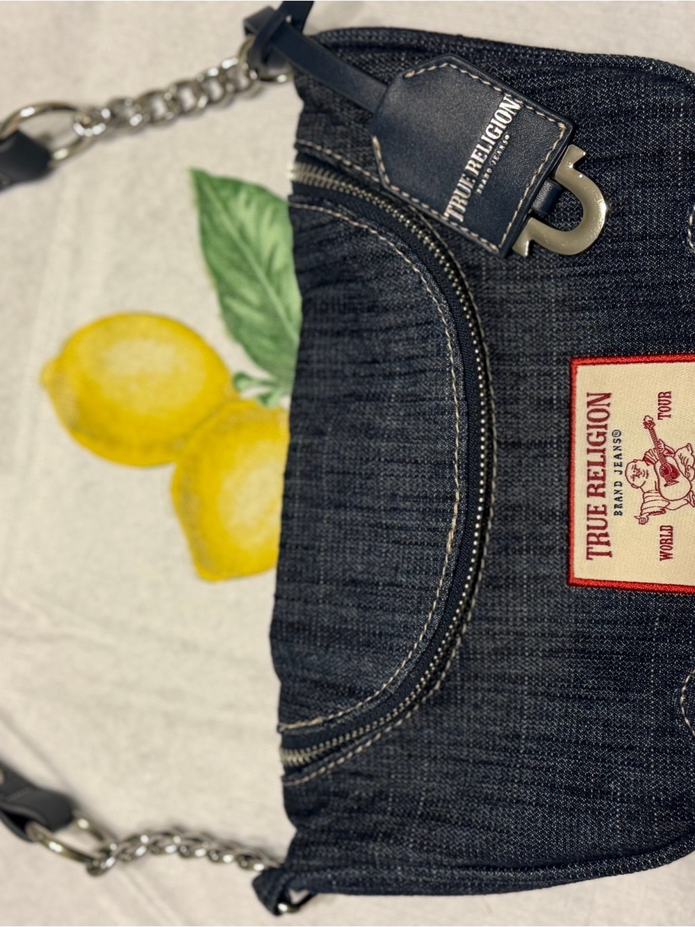True Religion Dark Indigo Denim Shoulder Bag with Chain Strap